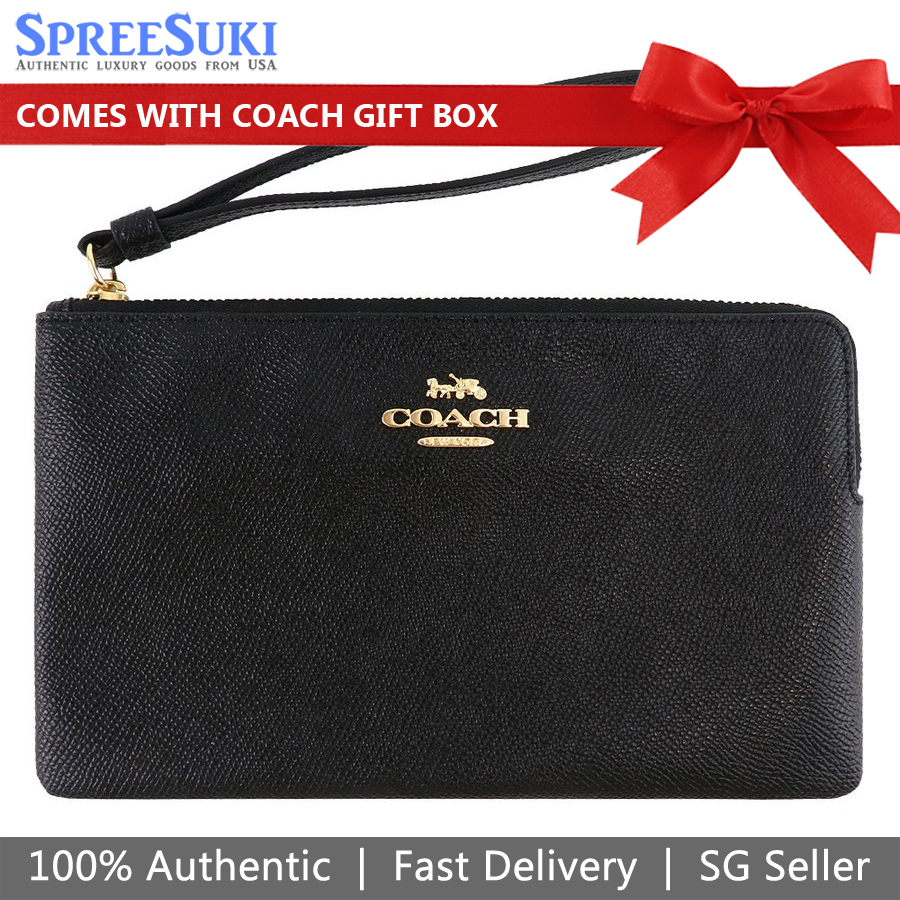 Coach Wristlet In Gift Box Large Wristlet Large Corner Zip Black # 3888