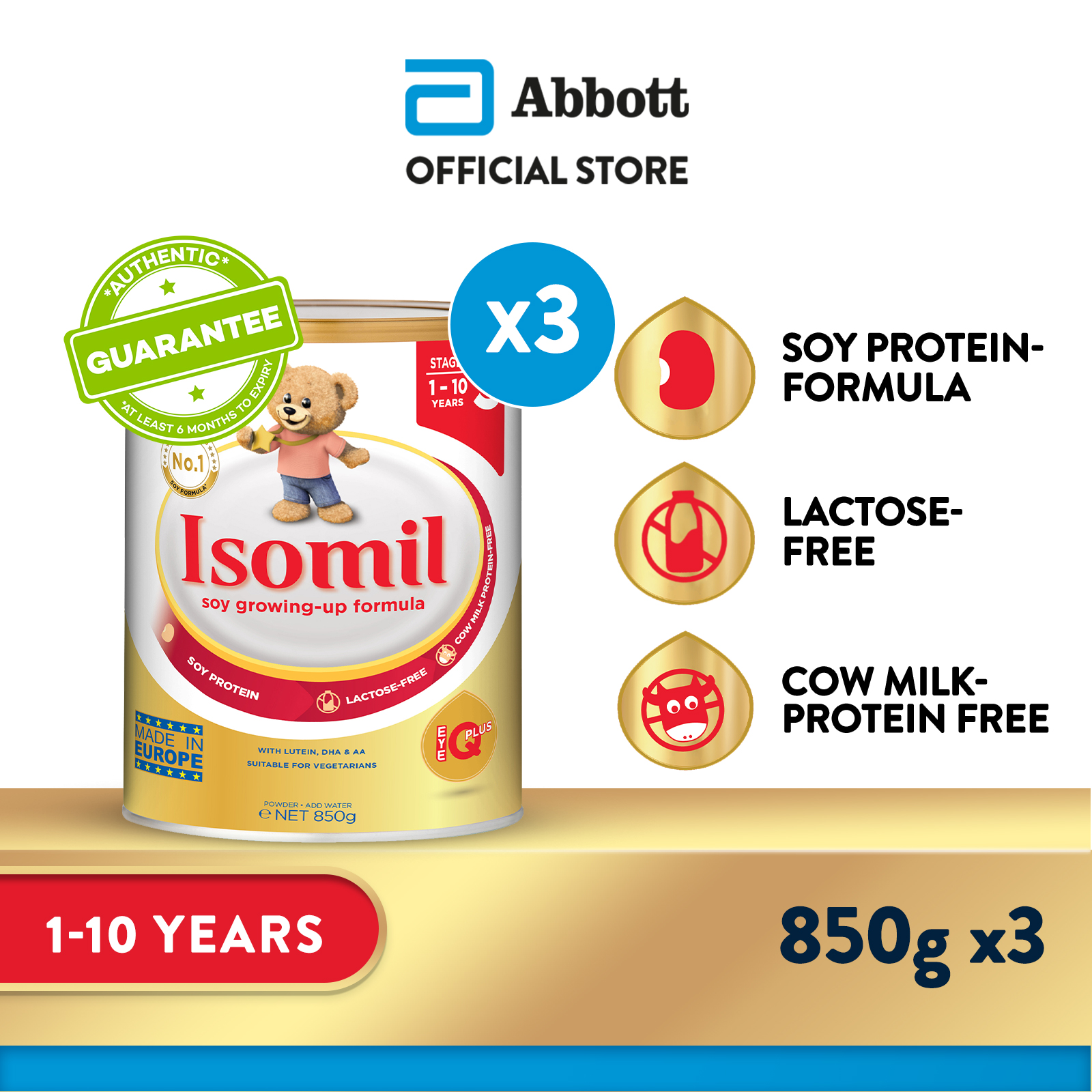 [Bundle of 3] Isomil® Stage 3 Soy Growing-Up Formula 850g (1-10 years)