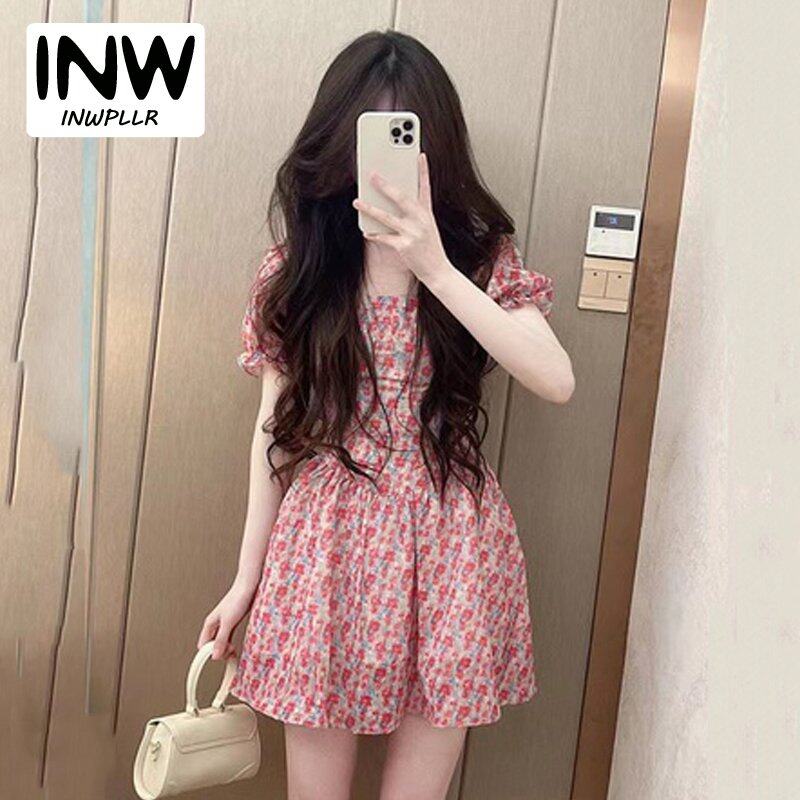 INWPLLR Korean Version Floral Dresses Chic Retro Puff Sleeve Female Dress Elastic Slim Mini Dresses Women