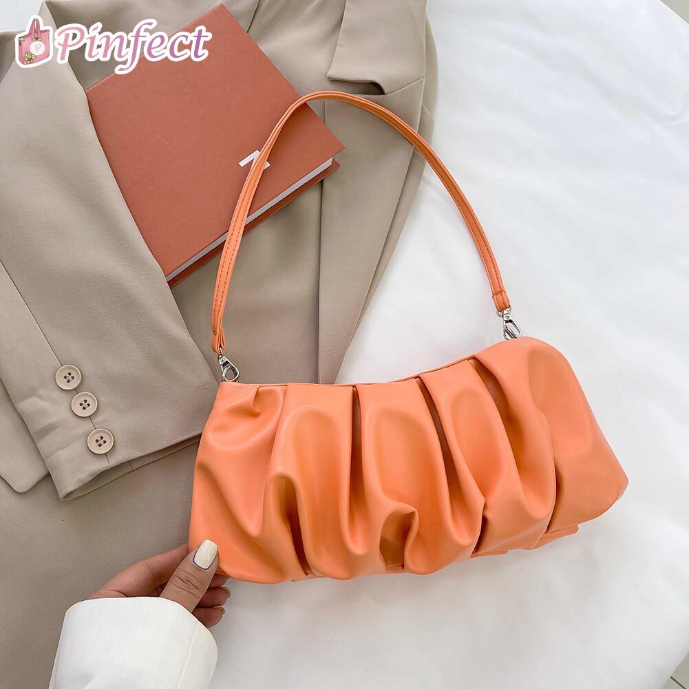 [Pinfect] Fashion Vintage Elegant PU Leather Underarm Shoulder Bag Women Pastel Color Pleated Cloud Bag Dumpling Bags Slouchy Clutch Pouch Handbag