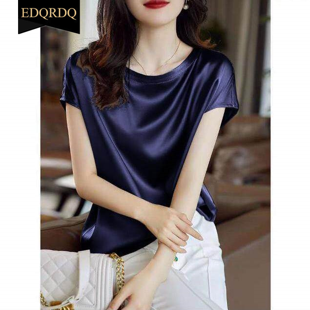 EDQRDQ Women's Short Sleeve Satin Blouse Casual Loose Silk Tops Round Neck Shirt