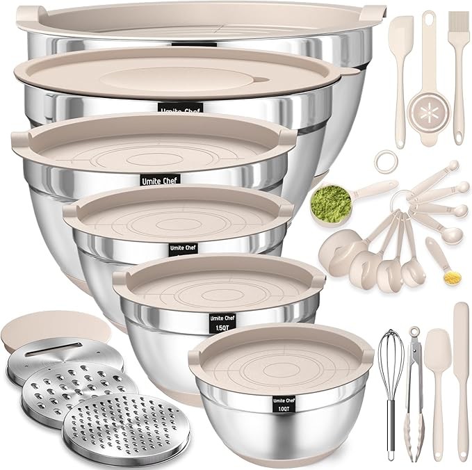 Mixing Bowl Set with Sealing Lids, 26-Piece Stainless Steel Khaki Bowl with Grater Attachment, Non-Slip Base and Kitchen Gadget Set, Sizes 7, 4, 2.5, 2.0, 1.5, 1 Quart, Perfect for Mixing and Serving